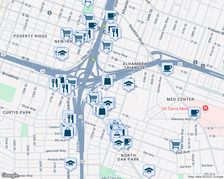 map of restaurants, bars, coffee shops, grocery stores, and more near 3227 W Street in Sacramento