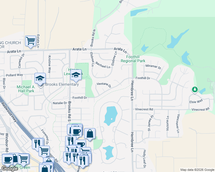 map of restaurants, bars, coffee shops, grocery stores, and more near 928 Foothill Drive in Windsor