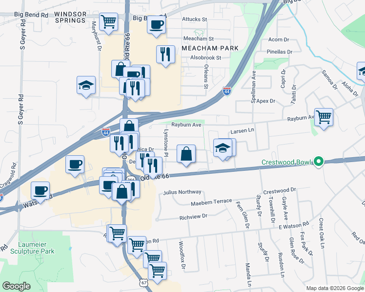 map of restaurants, bars, coffee shops, grocery stores, and more near 227 Monica Drive in Saint Louis