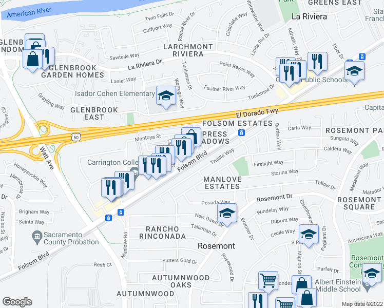 map of restaurants, bars, coffee shops, grocery stores, and more near 9035 Folsom Boulevard in Sacramento