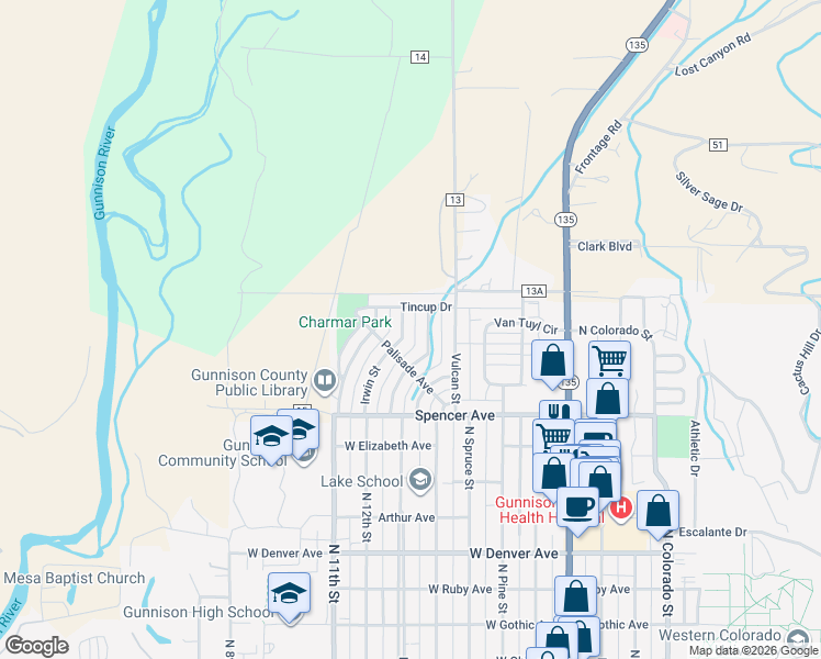 map of restaurants, bars, coffee shops, grocery stores, and more near 104-106 Irwin Street in Gunnison