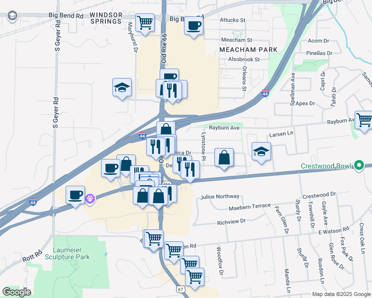 map of restaurants, bars, coffee shops, grocery stores, and more near 128 Monica Drive in St. Louis