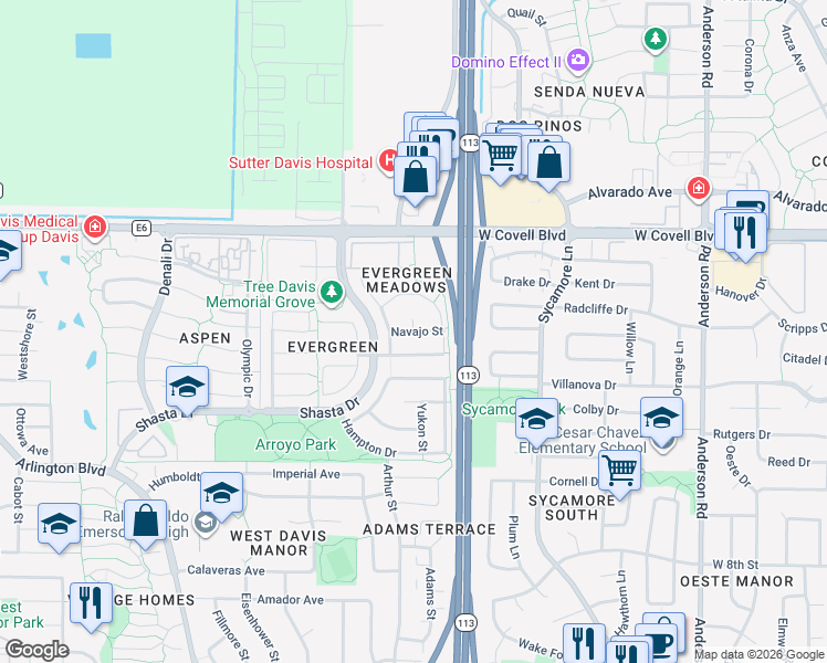 map of restaurants, bars, coffee shops, grocery stores, and more near 1600 Pismo Court in Davis