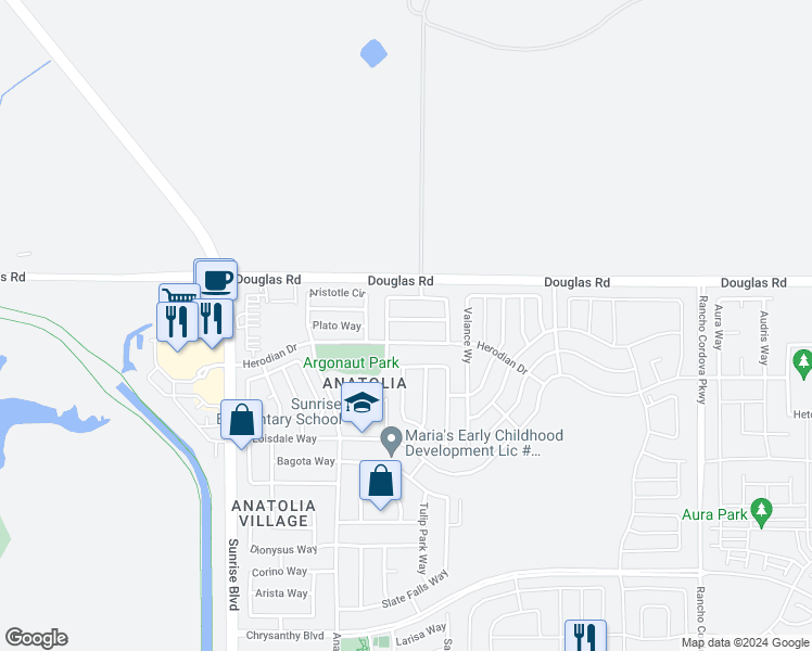 map of restaurants, bars, coffee shops, grocery stores, and more near 11852 White Rain Way in Rancho Cordova