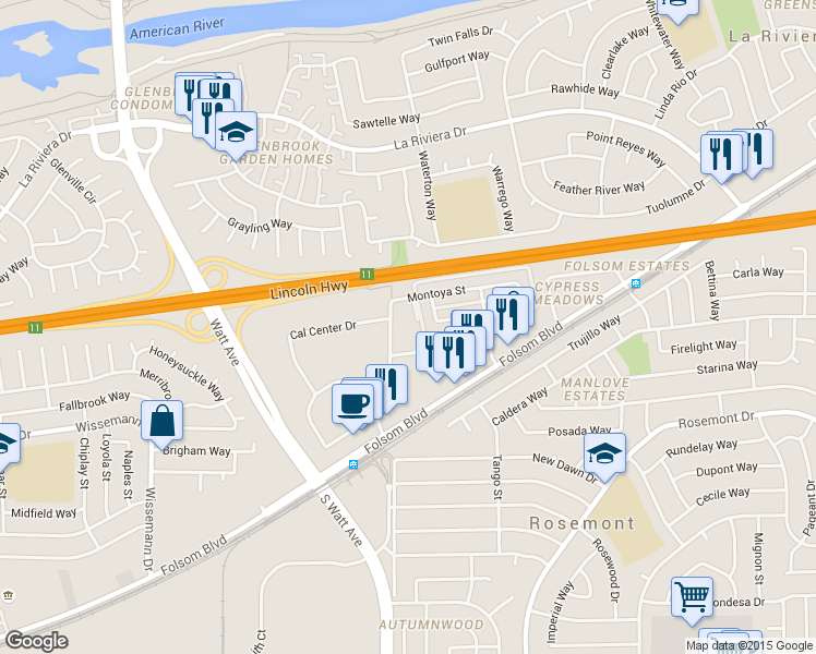 map of restaurants, bars, coffee shops, grocery stores, and more near 9001 Casals Street in Sacramento