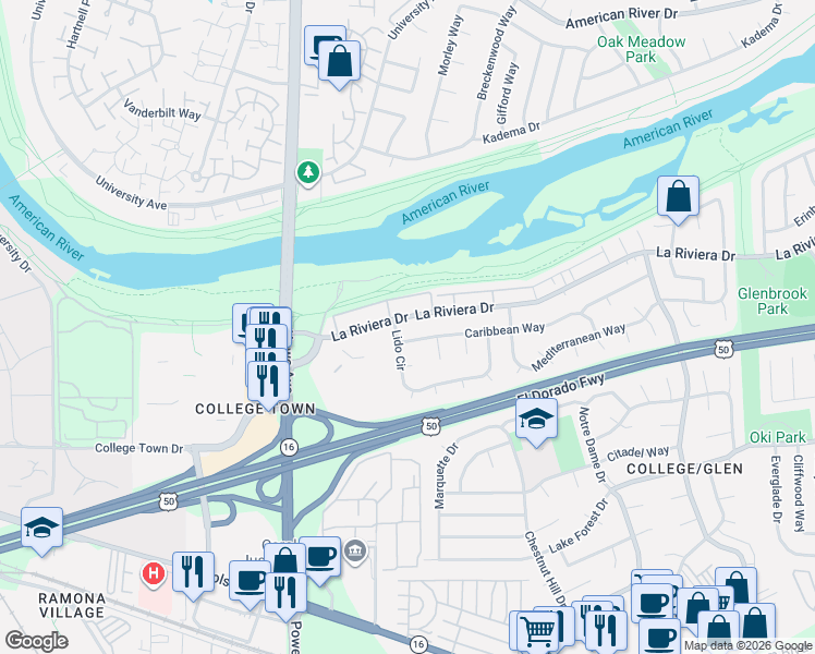 map of restaurants, bars, coffee shops, grocery stores, and more near 8082 Caribbean Way in Sacramento