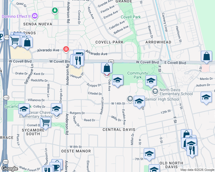 map of restaurants, bars, coffee shops, grocery stores, and more near 1517 Oak Avenue in Davis