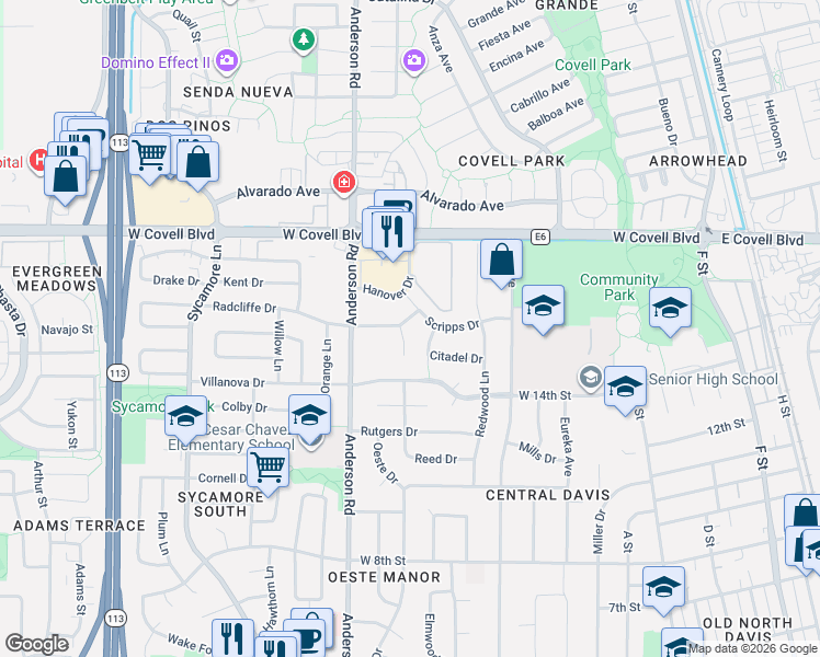 map of restaurants, bars, coffee shops, grocery stores, and more near 1626 Holly Lane in Davis