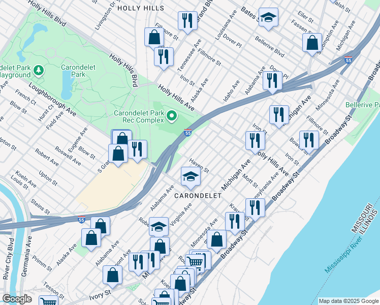 map of restaurants, bars, coffee shops, grocery stores, and more near 6640 Idaho Avenue in St. Louis