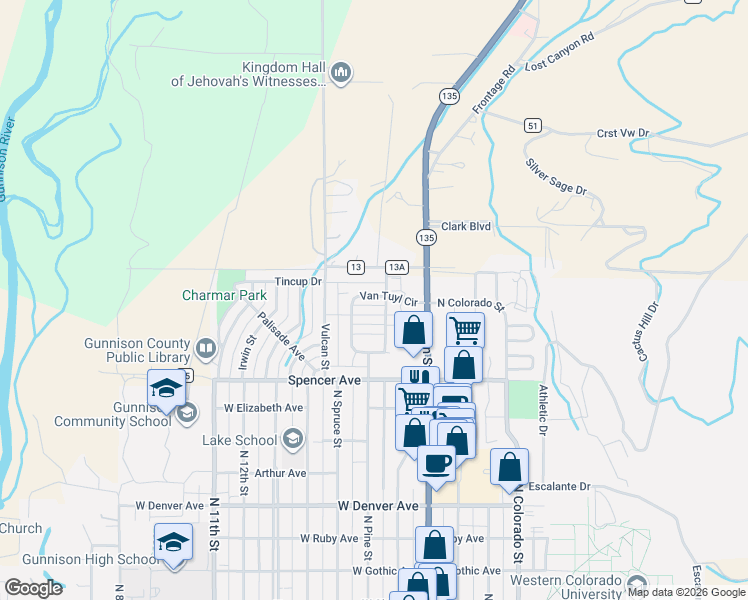 map of restaurants, bars, coffee shops, grocery stores, and more near 302 Tyler Lane in Gunnison