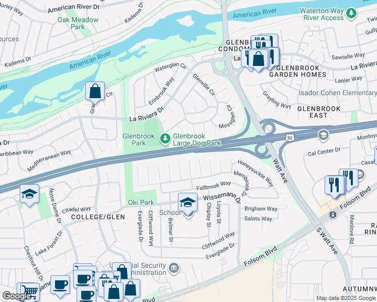 map of restaurants, bars, coffee shops, grocery stores, and more near Lincoln Highway in Sacramento
