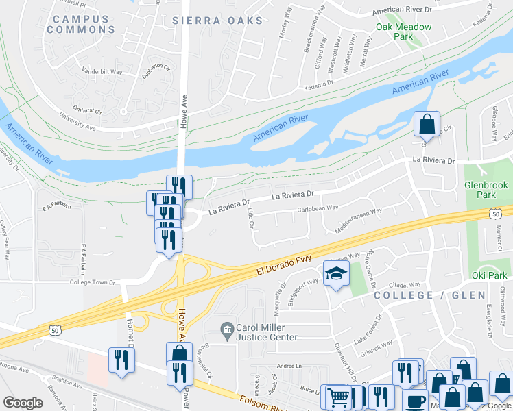 map of restaurants, bars, coffee shops, grocery stores, and more near 8082 Caribbean Way in Sacramento