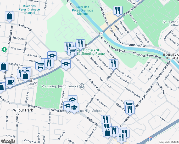 map of restaurants, bars, coffee shops, grocery stores, and more near 4734 Tiemann Avenue in St. Louis