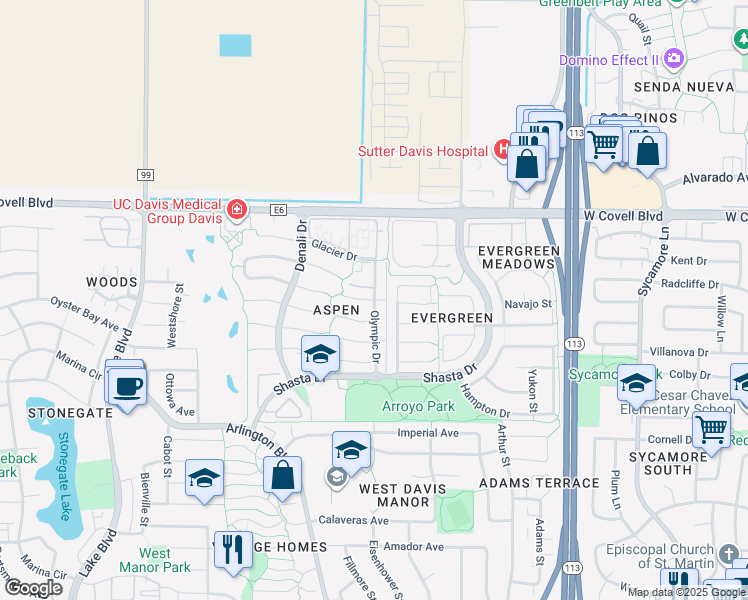 map of restaurants, bars, coffee shops, grocery stores, and more near 2101 Saratoga Place in Davis