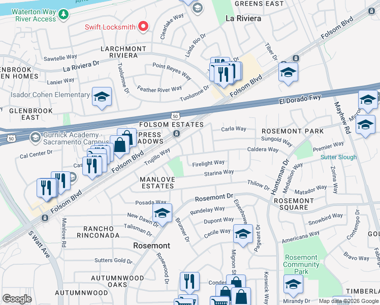 map of restaurants, bars, coffee shops, grocery stores, and more near 9132 Caldera Way in Sacramento