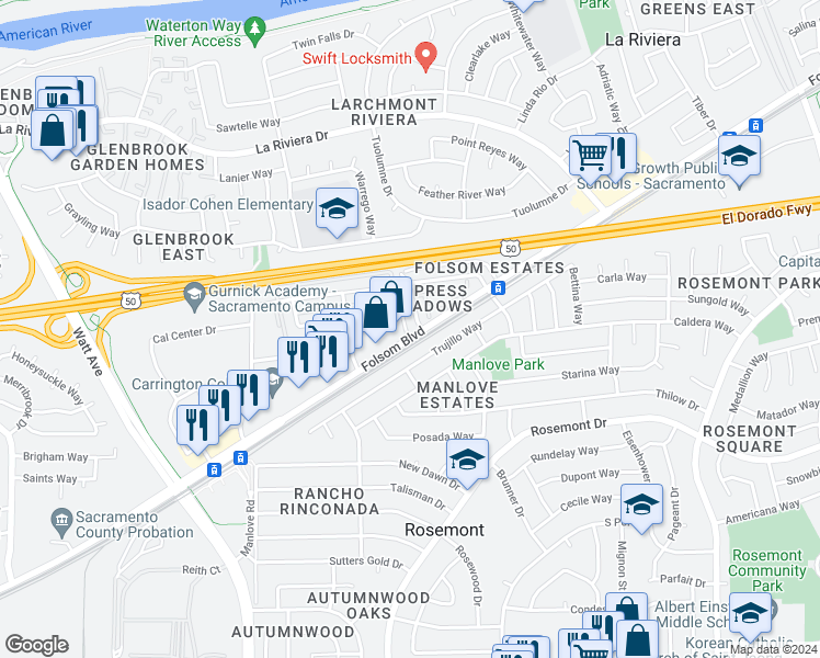 map of restaurants, bars, coffee shops, grocery stores, and more near 9035 Folsom Boulevard in Sacramento