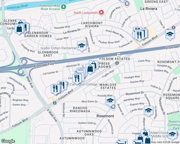 map of restaurants, bars, coffee shops, grocery stores, and more near 2805 La Quinta Drive in Sacramento