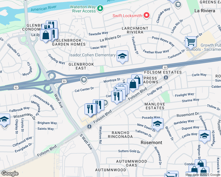 map of restaurants, bars, coffee shops, grocery stores, and more near 9001 Casals Street in Sacramento