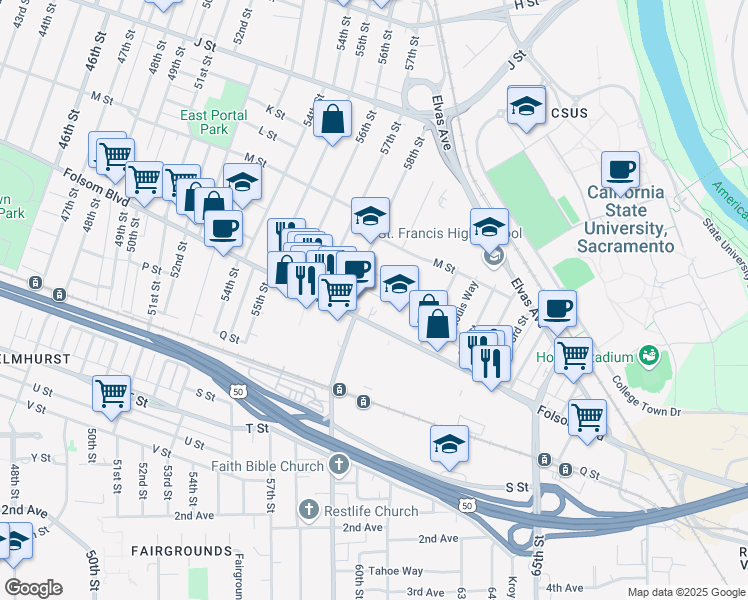 map of restaurants, bars, coffee shops, grocery stores, and more near 5901 Folsom Boulevard in Sacramento