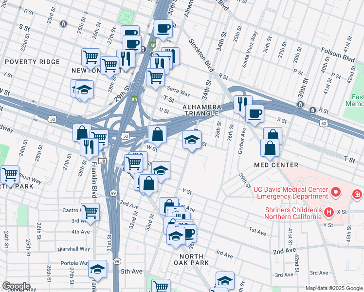 map of restaurants, bars, coffee shops, grocery stores, and more near 3315 W Street in Sacramento