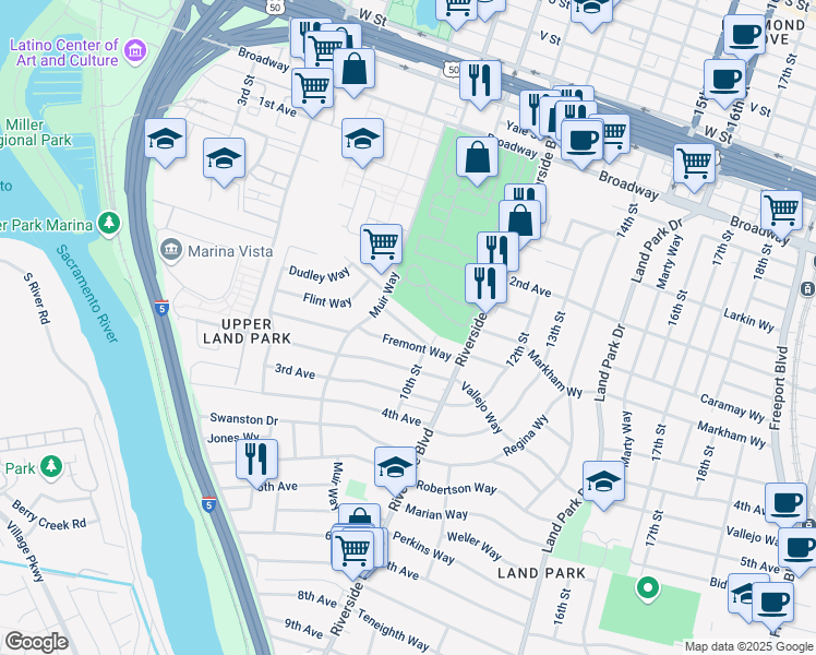 map of restaurants, bars, coffee shops, grocery stores, and more near 924 Fremont Way in Sacramento