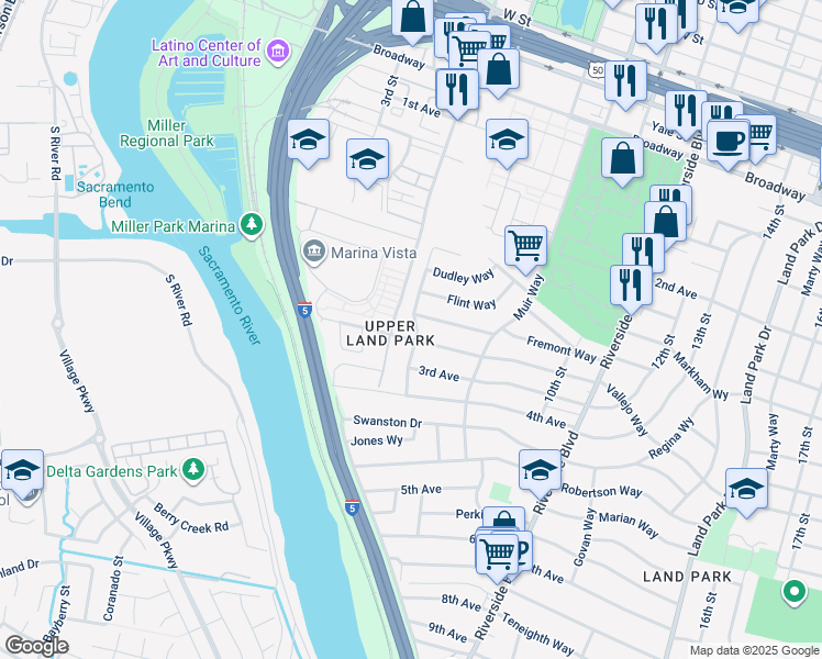 map of restaurants, bars, coffee shops, grocery stores, and more near 2781 San Luis Court in Sacramento