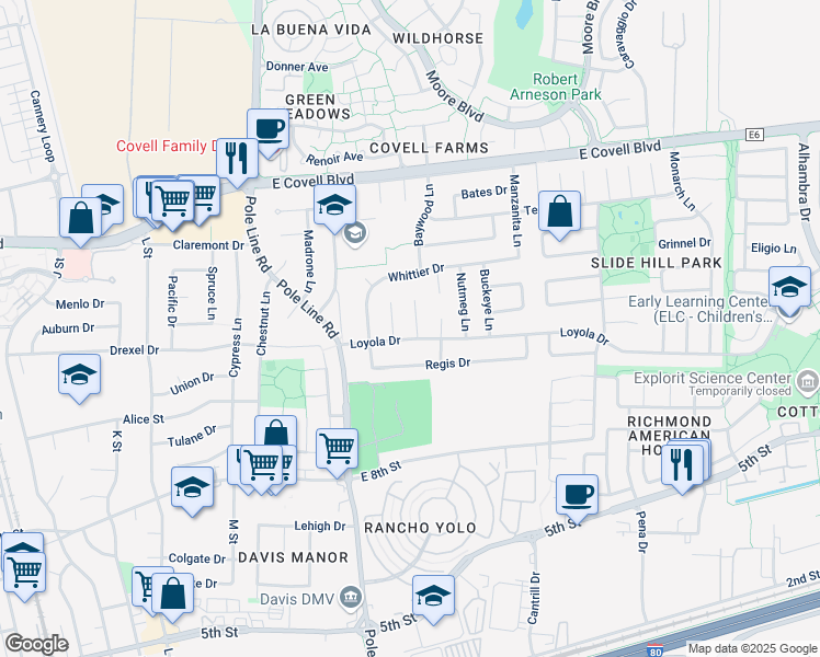 map of restaurants, bars, coffee shops, grocery stores, and more near 2114 Loyola Drive in Davis