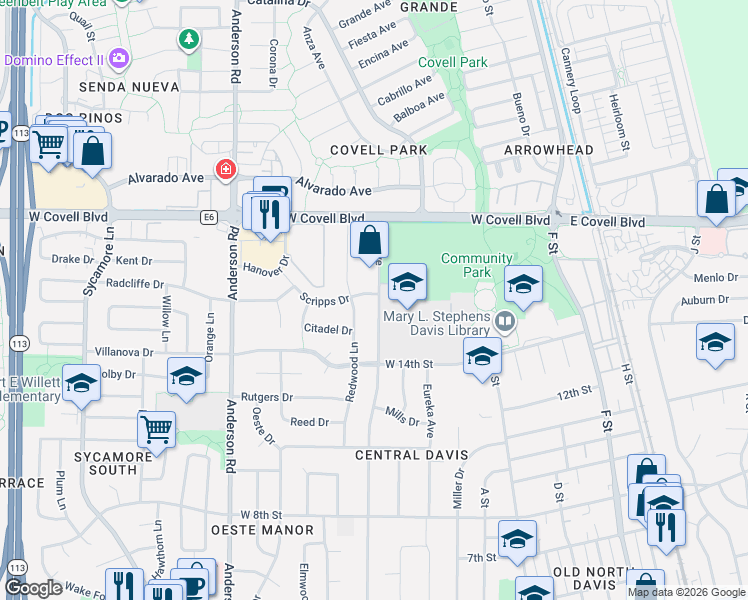 map of restaurants, bars, coffee shops, grocery stores, and more near 1517 Oak Avenue in Davis