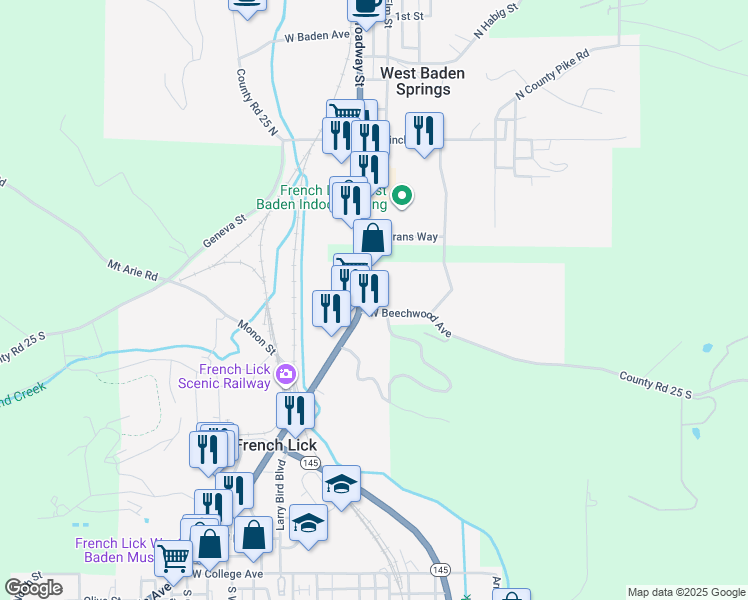 map of restaurants, bars, coffee shops, grocery stores, and more near 8493 Highway 56 in French Lick