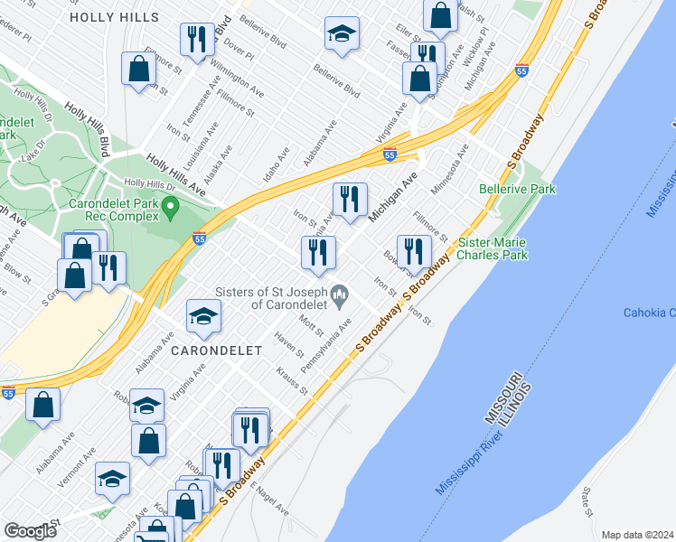 map of restaurants, bars, coffee shops, grocery stores, and more near 640 Holly Hills Avenue in St. Louis