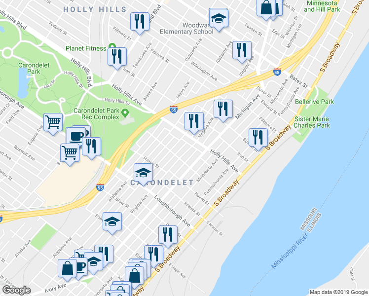 map of restaurants, bars, coffee shops, grocery stores, and more near 6451 Virginia Avenue in St. Louis
