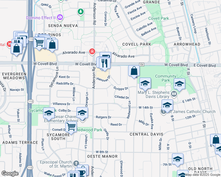 map of restaurants, bars, coffee shops, grocery stores, and more near 1626 Holly Lane in Davis