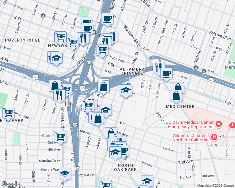 map of restaurants, bars, coffee shops, grocery stores, and more near 3315 W Street in Sacramento