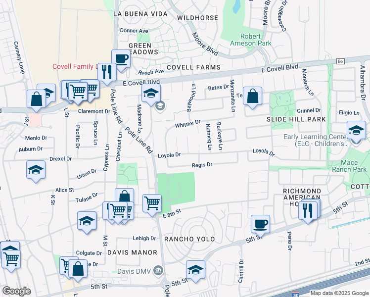 map of restaurants, bars, coffee shops, grocery stores, and more near 2114 Loyola Drive in Davis