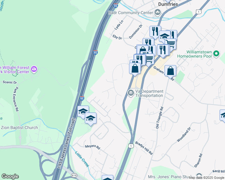 map of restaurants, bars, coffee shops, grocery stores, and more near 18160 Tebbs Lane in Dumfries