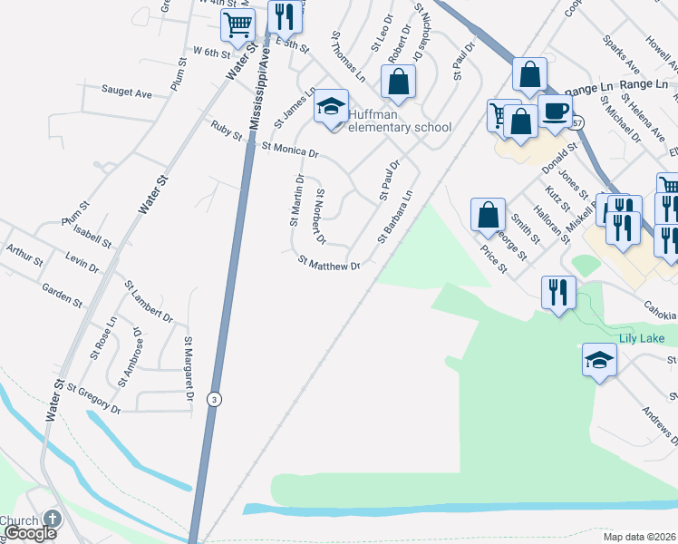 map of restaurants, bars, coffee shops, grocery stores, and more near 825 Saint Matthew Drive in Cahokia