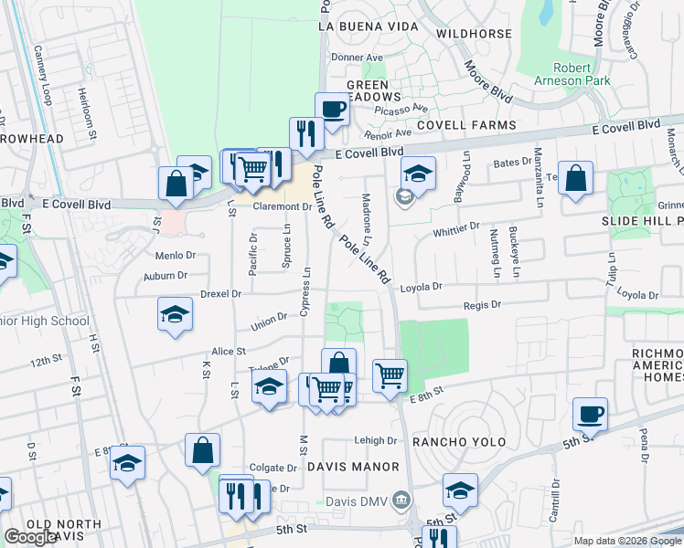 map of restaurants, bars, coffee shops, grocery stores, and more near 1805 Drexel Drive in Davis