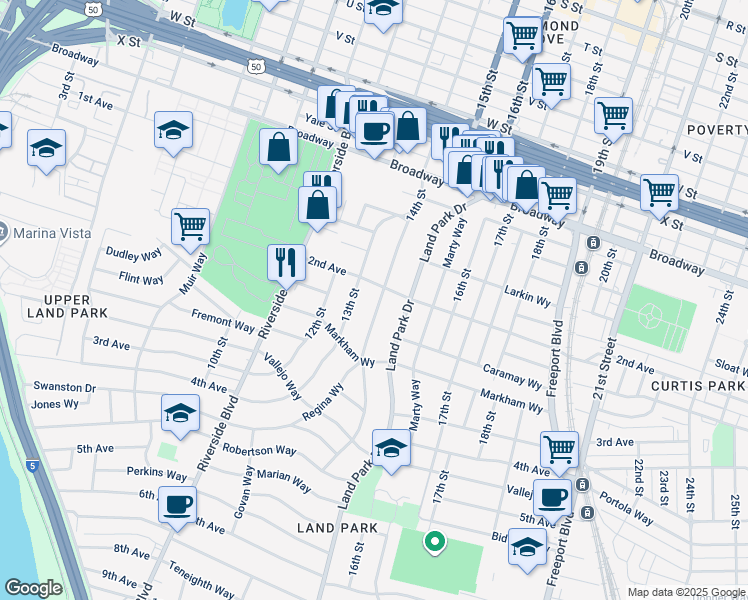 map of restaurants, bars, coffee shops, grocery stores, and more near 2712 14th Street in Sacramento