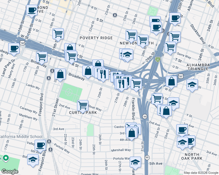 map of restaurants, bars, coffee shops, grocery stores, and more near 2500 26th St in Sacramento