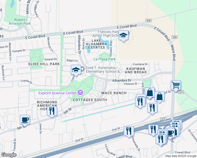 map of restaurants, bars, coffee shops, grocery stores, and more near 3404 Verona Terrace in Davis