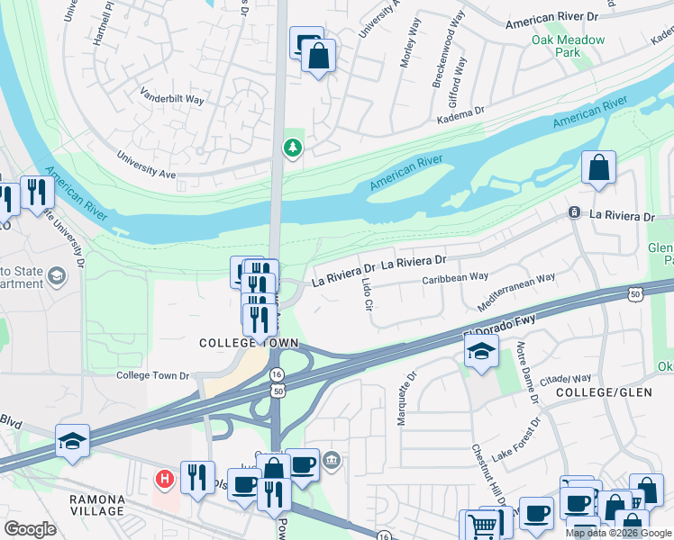 map of restaurants, bars, coffee shops, grocery stores, and more near 7908 La Riviera Drive in Sacramento