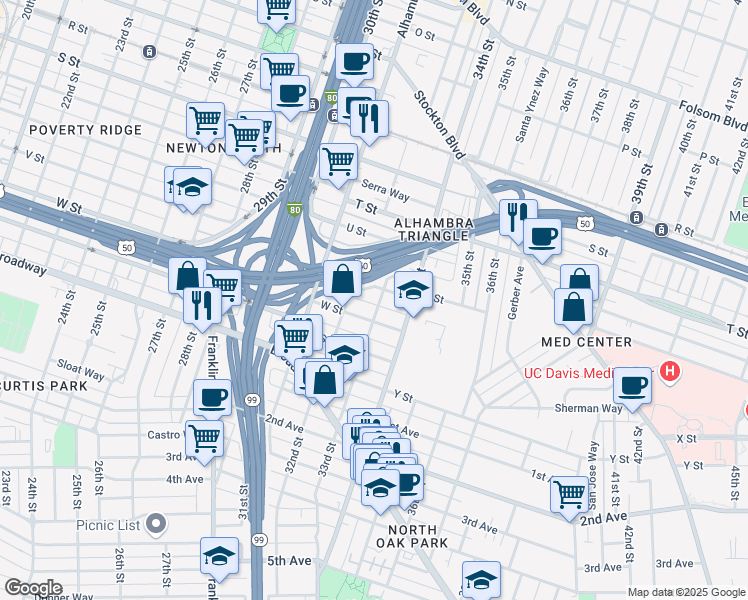 map of restaurants, bars, coffee shops, grocery stores, and more near 3315 W Street in Sacramento