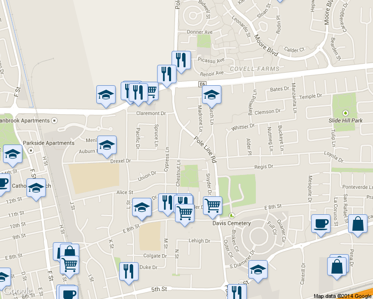 map of restaurants, bars, coffee shops, grocery stores, and more near 1805 Drexel Drive in Davis