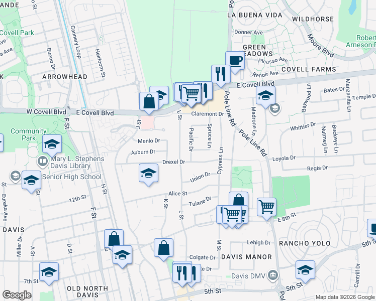 map of restaurants, bars, coffee shops, grocery stores, and more near 1405 Drexel Drive in Davis