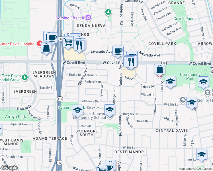 map of restaurants, bars, coffee shops, grocery stores, and more near 914 Fordham Drive in Davis