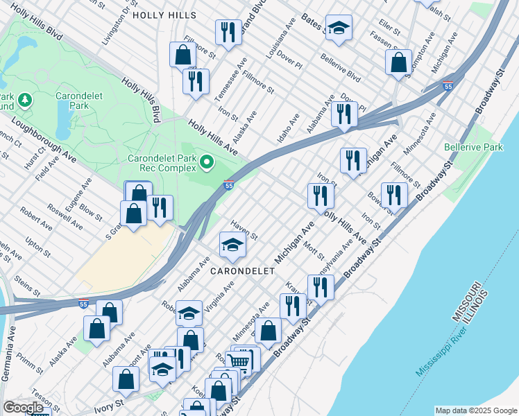 map of restaurants, bars, coffee shops, grocery stores, and more near 6621 Vermont Avenue in St. Louis