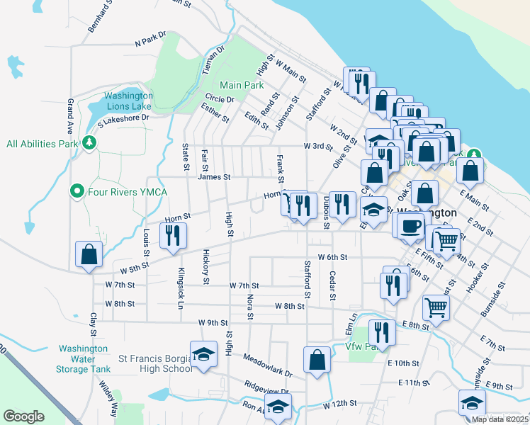 map of restaurants, bars, coffee shops, grocery stores, and more near 715 West 5th Street in Washington