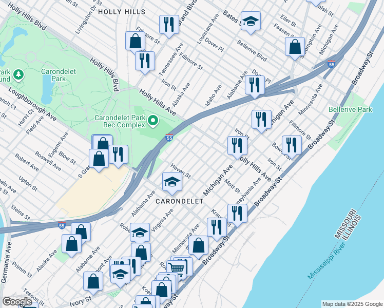map of restaurants, bars, coffee shops, grocery stores, and more near 6600 Alabama Avenue in St. Louis