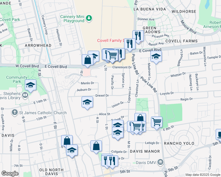 map of restaurants, bars, coffee shops, grocery stores, and more near 1405 Drexel Drive in Davis