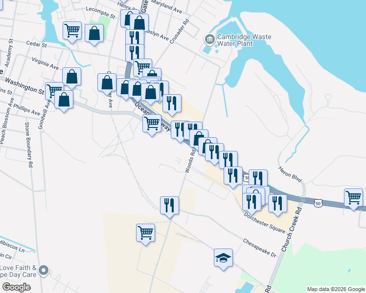 map of restaurants, bars, coffee shops, grocery stores, and more near 836 Woods Road in Cambridge